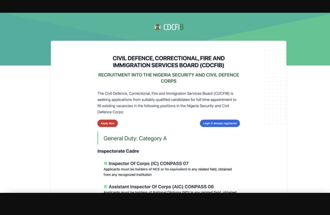 www.cdcfib.career Portal Login 2022/2025 NSCDC Website Recruitment